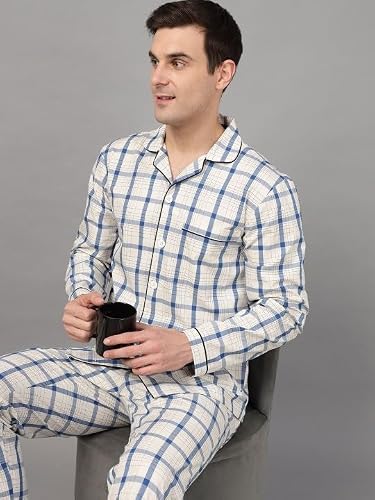 Hancock Men Checked Night Suit Cream Size S