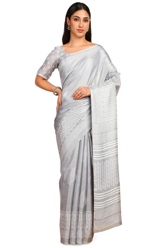 Soch Womens Grey Art Silk Botanical Print Saree