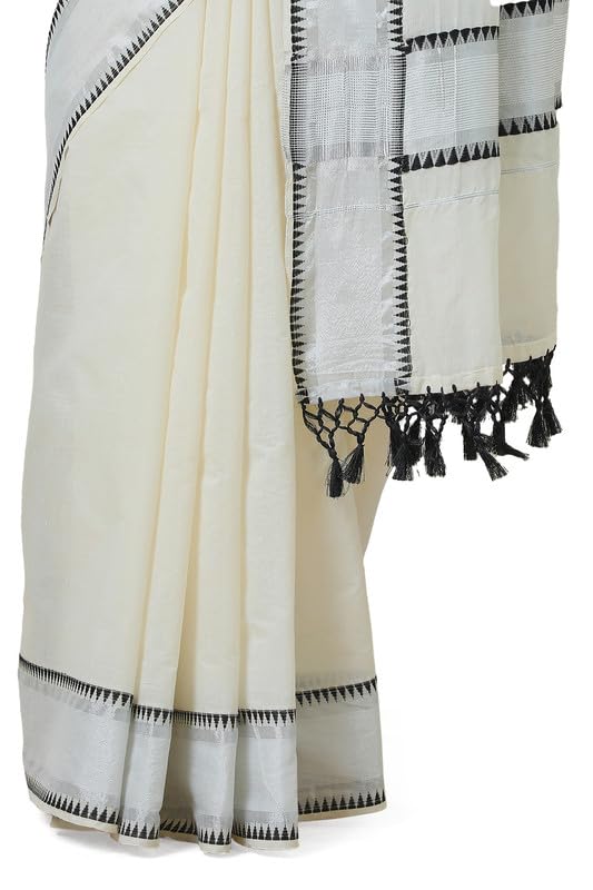 Soch Womens Cream Cotton Blend Woven Design Kasavu Saree With Tassels