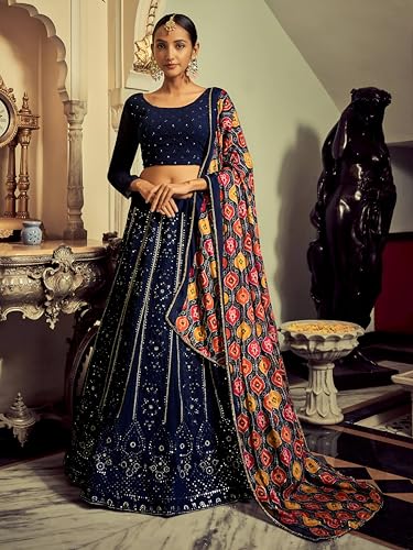 Zeel Clothing Women's Sequins Thread Embroidered Georgette Lehenga Choli With Dupatta (6005-Navy-Blue-Women-Lehenga-Choli-New; Free Size)(Navy-Blue)