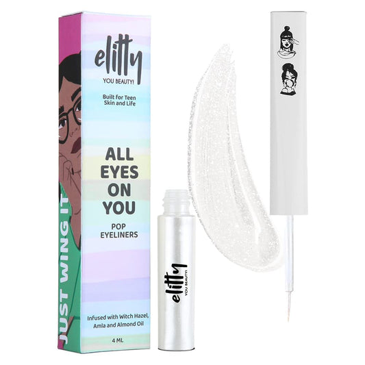 Elitty Silver White Pop Colour Eyeliner, Metallic Finish | Long Lasting, Water Proof, Smudge Proof | Amla and Almond oil enriched| Vegan & Cruelty Free, Easy Application, Liquid Eyeliner (Cloud Nine) - 4ml