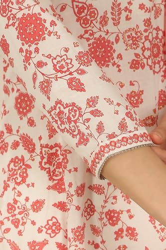 W for Woman White and Orange Floral Printed Pure Cotton Flared Kurta, Pants and Dupatta Set (Size: S)-WS12726-125580
