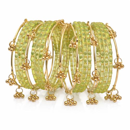 KAYASHA Pista Kashmiri Ghungroo Glass Bangle Set for Women | Light Weight Bangles | Traditional Transparent Fancy Glass Chudi Set for Wedding, Party|Set Of 16(12 Glass + 4 ghungroo bangles)