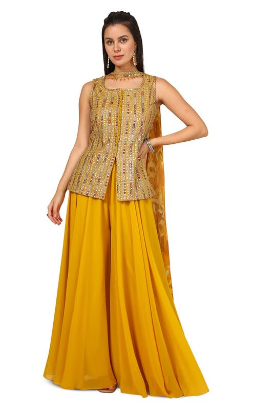 Soch Womens Mustard Georgette Blend Embroidered Suit Set With Sequins