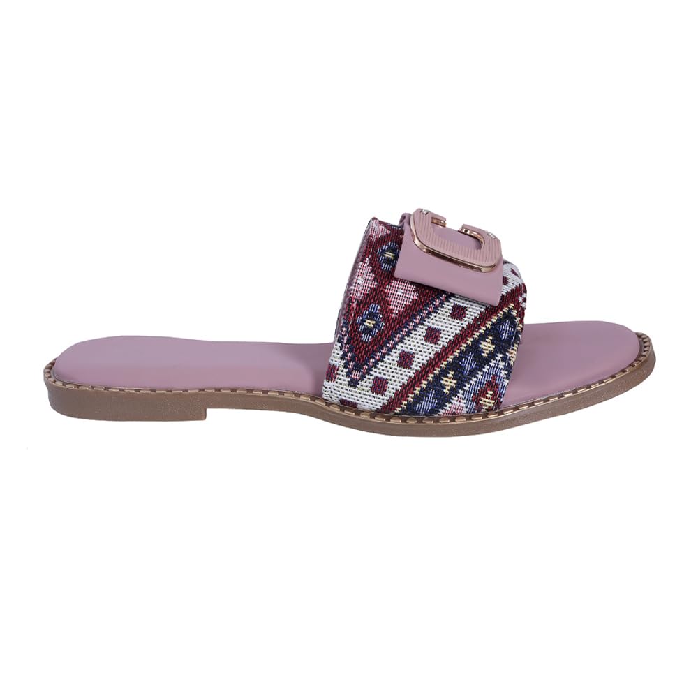 Pluxh Women Printed Toe-Ring Slip-On Sandals with Decorative Buckle | Cushioned Ethnic Casual Flats for Daily |5UK