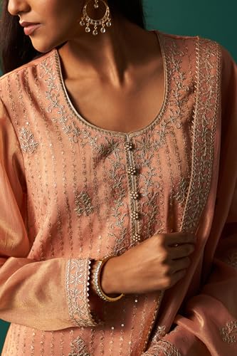 Wishful Women's Pink Dori Embroidered Straight Tissue Organza Kurta with Culotte and Dupatta Set (SP12857-401185-S)