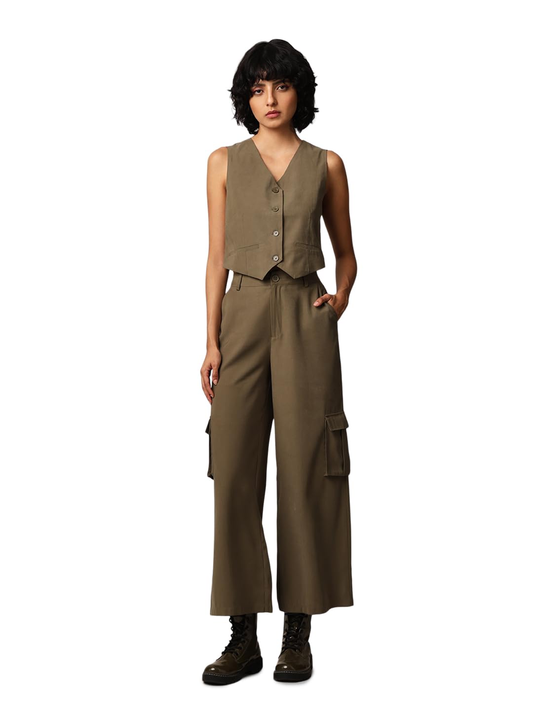 ONLY Women Solid Regular Fit Casual Olive Waistcoat