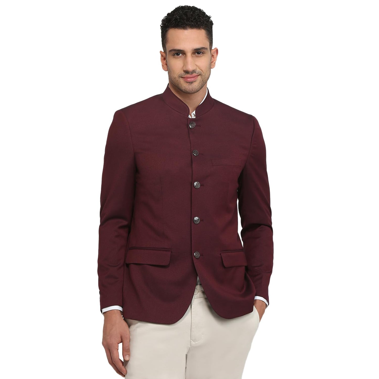Raymond Men Regular Fit Solid Pattern Terry Rayon Blend Stand Collar Full Sleeve Ceremonial Jacket (Size: 40)-RIJI00129-M7 Dark Maroon