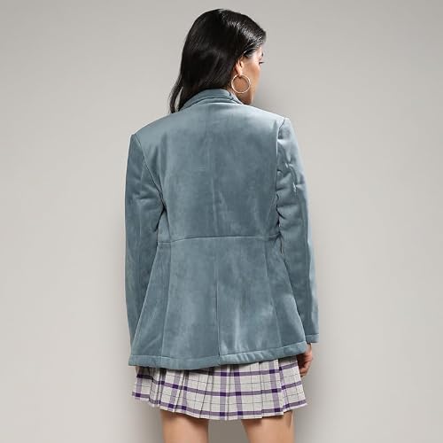 Campus Sutra Women's Prussian Blue Structured Single Breasted Blazer for Casual Wear | Lapel Collar | Long Sleeve | Button Closure | Velvet Blazer Crafted with Comfort Fit for Everyday Wear