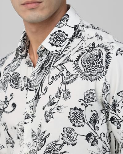 MUFTI Men Shirt | Slim Fit Full Sleeve Spread Collar Artistic Floral & Bird Print | Breathable Cotton Viscose Blend for Party Bright Snow White 6XL