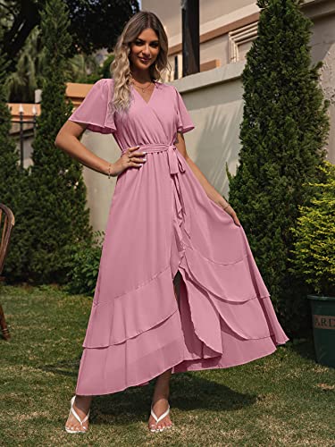 Simplee Womens Summer Chiffon Wrap Casual Maxi Ruffle Split Dress Flowy Bridesmaid Wedding Party Evening Cocktail with Belt, Ruffle-pink Purple, XL