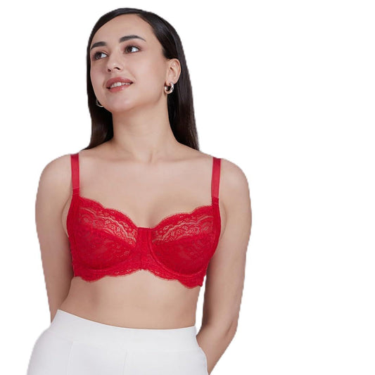 India Essential Lace Non Padded Wired Full Cup Lace Bra(Red, 34D)