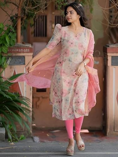 24 Carat Suit Women's Chanderi Stitched Printed Kurta Dupatta Set (2CKD4_Cream_M)