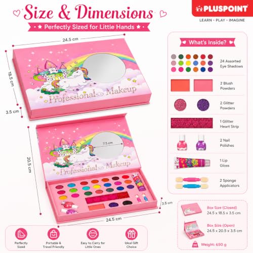 PLUSPOINT Unicorn Kids Makeup Kit for Girls | Pretend Play Beauty Set | Non-Toxic Washable Makeup Toy | Eyeshadow, Blush, Lip Gloss & Accessories | Birthday Gift for Girls Age 5+ Years