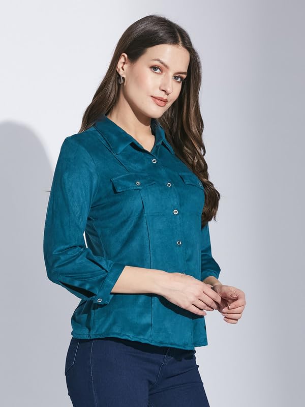Latin Quarters Women Teal Shirt Collar 3/4 Sleeve Solid Shirt_L