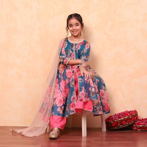 Biba Girls Modal Teal and Pink Floral Printed Flared Festive Suit Set, 9-10 Y