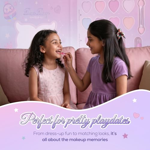 Princess by RENEE Dear Diary Makeup Kit For Kids & Preteens | With 8 Eyeshadows, 2 Blushers, 2 Lipsticks, 2 Lip Gloss Solid, 2 Glitter Gels, 3 Brushes | Dermatologically Tested, Easy To Wash | 1 Unit
