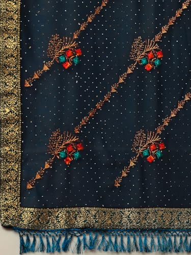 Satrani Women's Georgette Stone Work Embroidery Saree with Unstitched Blouse Piece (4396S3137N_Rama Blue)