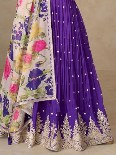 Shampysky Women’s Purple Chinon Embroidered A-Line Gown with Organza Dupatta | Fully Stitched | Full Sleeves (SSW-1306-Purple-M)