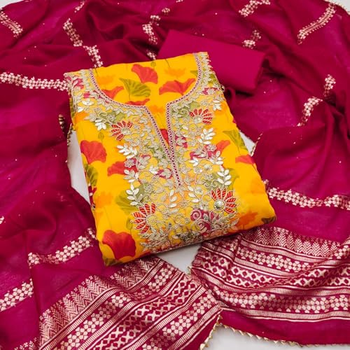 Leeli Peeri Designer Women's Soft Chanderi Embroidery Work Unstitched Salwar Suit Dress Material