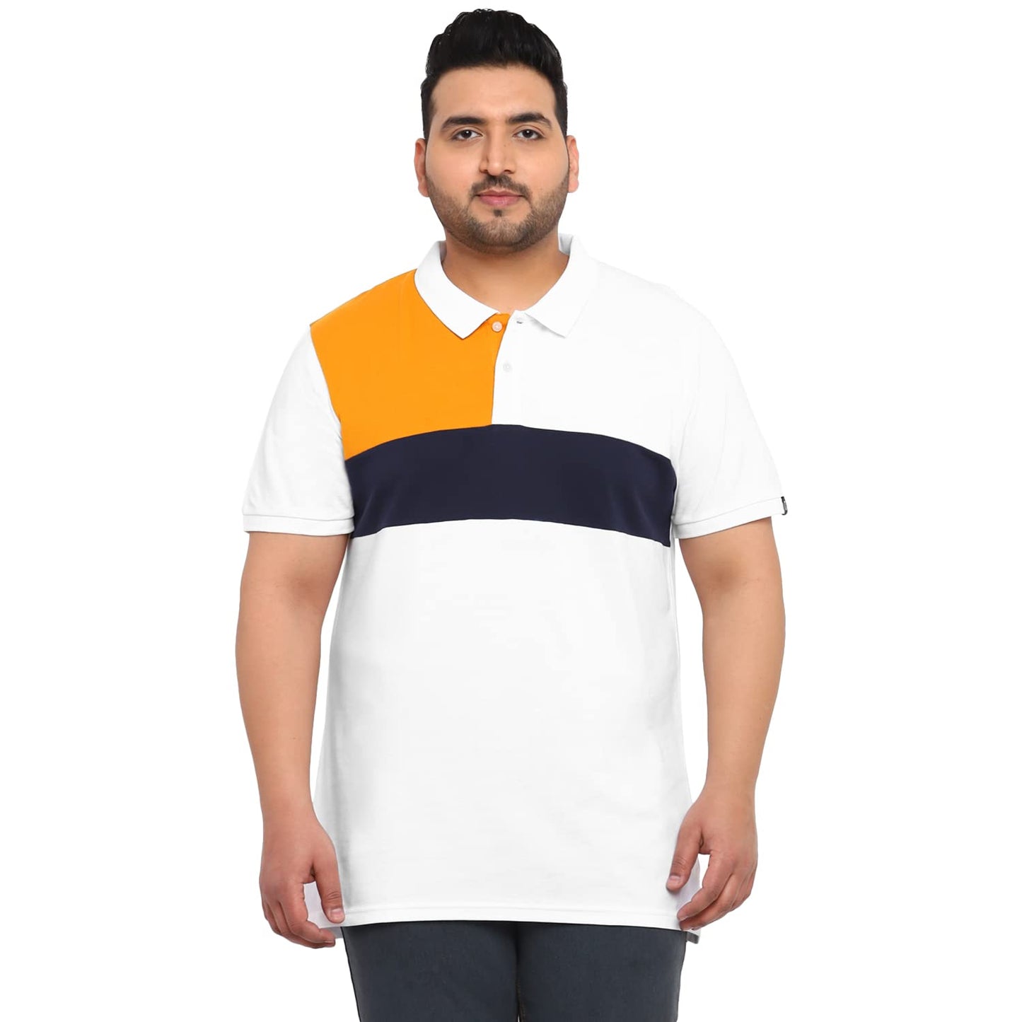 Urbano Plus Men's White, Navy Blue, Gold Colour-Block Regular Fit Half Sleeve Cotton Polo T-Shirt (pluspolocbp-021-whinavgol)