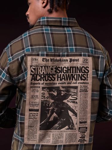 The Souled Store Stranger Things: in The News Men and Boys Long Sleeve Spread Collar Embellished Relaxed Fit Everyday Office Wear Easy to Style Casual Cotton Shirt Brown