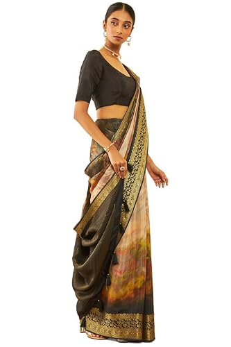 Soch Womens Brown Tussar Abstract Print Saree With Tassels(8907175714386)