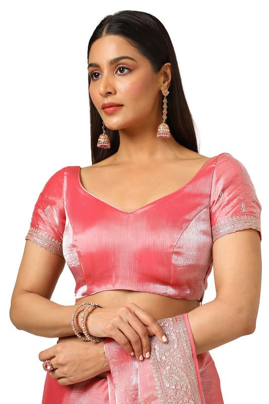 Soch Womens Peach Organza Embroidered Saree With Stone Work
