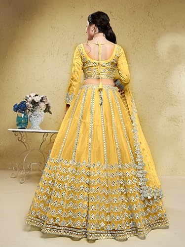 Zeel Clothing Women's Net Semi-stitched Foil Embroidered Lehenga Choli With Dupatta (5029-Yellow--Lehenga-Choli-Latest,Free size)