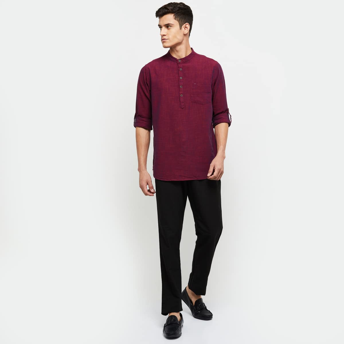 Max Men's Long Sleeves Regular Fit Solid Cotton Short Kurta with Band Collar (Maroon_L)