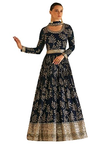 Miss Ethnik Blue Faux Georgette Full Sleeve Anarkali Gown with Dupatta | Embroidered Indian Dress for Weddings & Festivals | Elegant and Stylish Traditional Ethnic Attire (ME-1124-Blue-L)