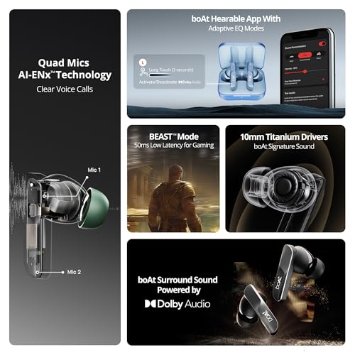 boAt Airdopes 800, Dolby Audio, Adaptive EQ by Mimi, 4Mics AI ENx, App Support, Fast Charge, Low Latency, IPX5, v5.3 Bluetooth TWS in Ear Earbuds Wireless Earphones with mic (Interstellar Blue)