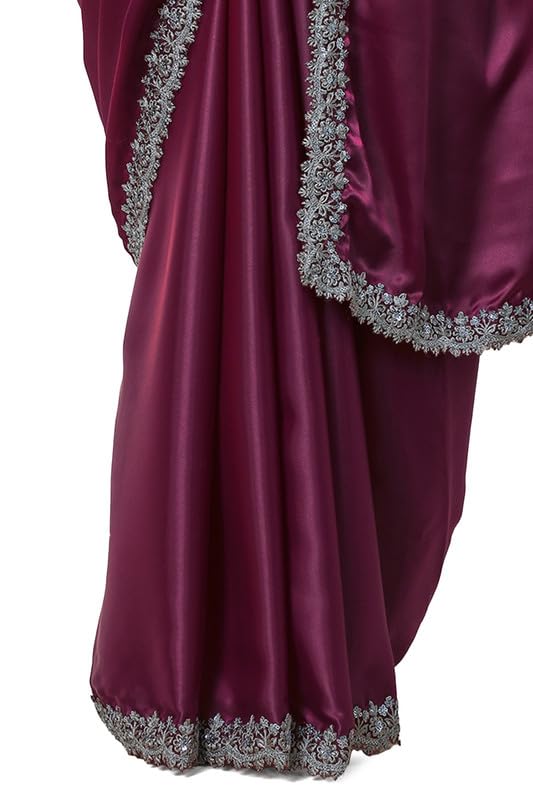 Soch Womens Wine Organza Saree with Embellished Lace Border