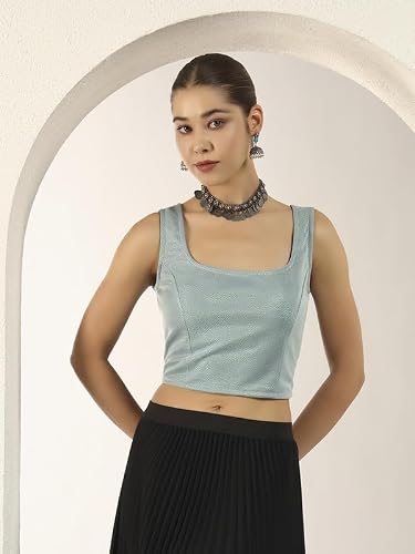 Vaararo Pearl Touch Lycra Shimmery Readymade Sleeveless Blouse for Women | Square Neck Western Choli Top Mint Green XXX-Large