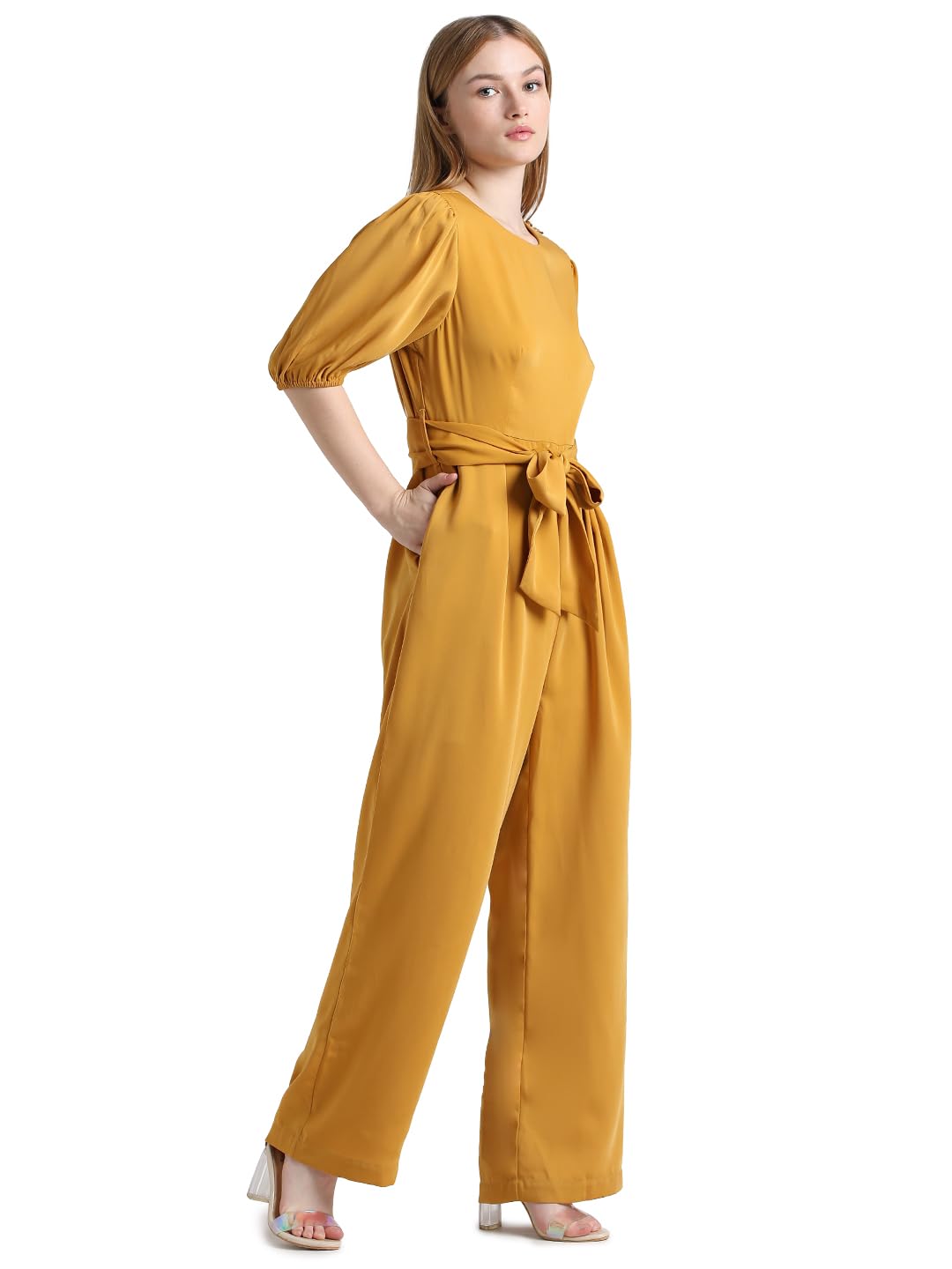 ONLY Women Solid Polyester Comfort Fit Yellow Jumpsuit