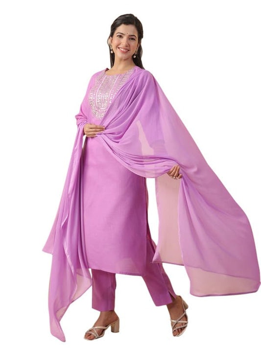 Anekha Women's Lavender Cotton Blend Yoke Embroidery Straight Kurta Set(ANC24ST00311-S)