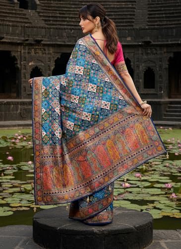 Glory Sarees Women’s Luxurious Dola Pure Silk Original Saree Position Print Work Bandhani Patola Inspired Motifs Banarasi Kanjivaram Style Saree With Blouse Piece(Elegant108_Blue)
