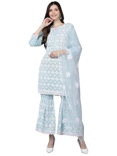 Vaamsi Women's Poly Silk Embroidered Kurta Sharara With Dupatta (PKSKD1402_XL_Blue)