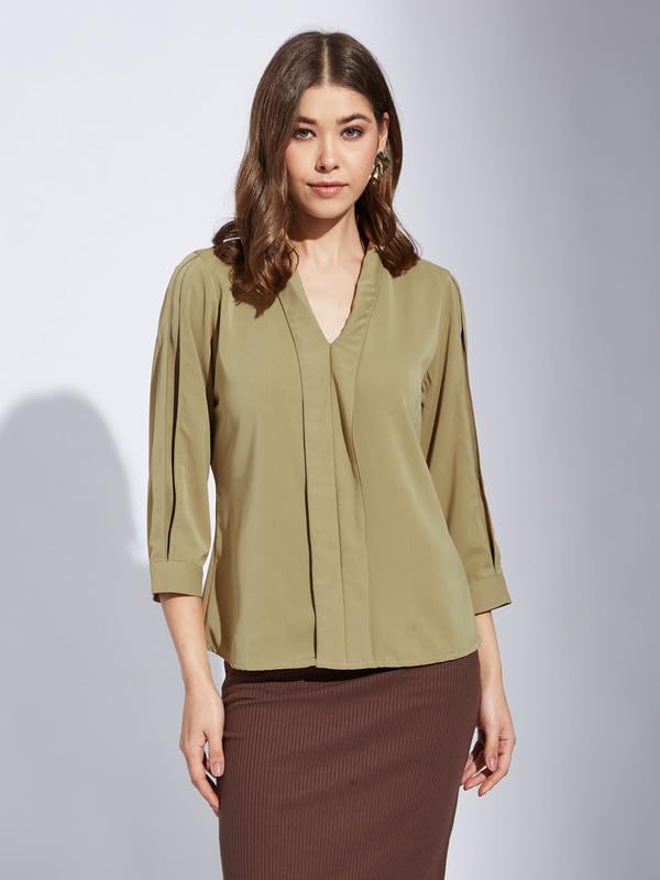 Latin Quarters Women Beige V-Neck 3/4th Sleeve Solid Top Blouse_M
