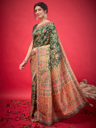 AKHILAM Women's Green Viscose Silk Ethnic Motif Printed Saree With Unstitched Blouse Piece (MSTANI59B_HS)