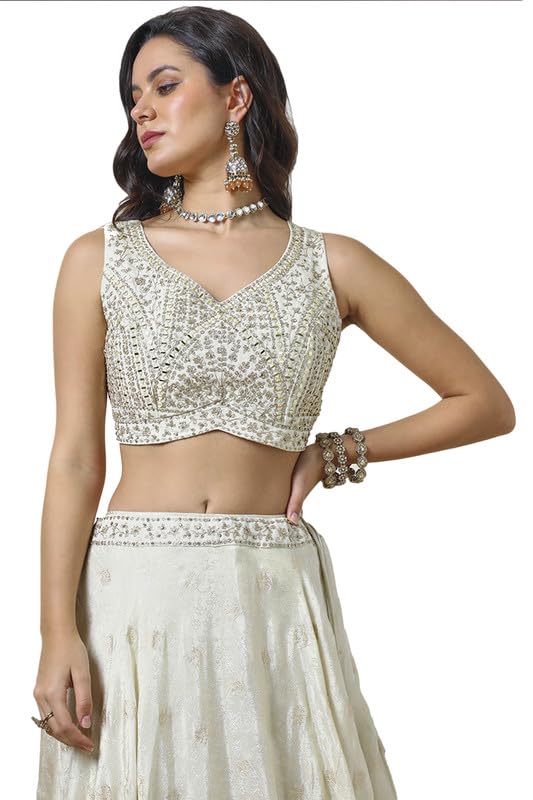 Soch Womens Off White Brocade Embroidered Leheng Set With Mirror Work