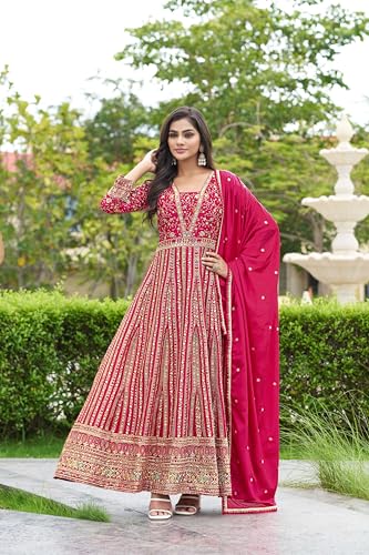 Miss Ethnik Women's Pink Chinon Stitched Gown With Dupatta Full Sleeve Embroidered Anarkali Gown (MER-1275-Pink-3XL)
