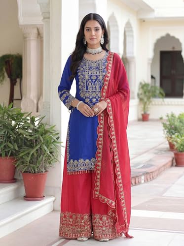 Leeli Peeri Designer Women's Chinon Silk Embroidery Kurta Palazzo and Dupatta Set