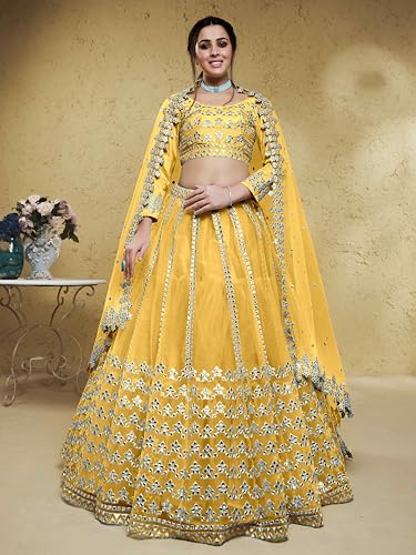 Zeel Clothing Women's Net Semi-stitched Foil Embroidered Lehenga Choli With Dupatta (5029-Yellow--Lehenga-Choli-Latest,Free size)