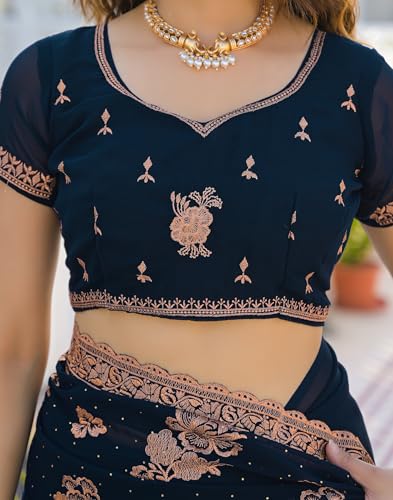 SIRIL Women's Georgette Embroidery & Stone Work Scalloped Border Saree With Unstitched Blouse Piece (4932S932_Dark Navy Blue)