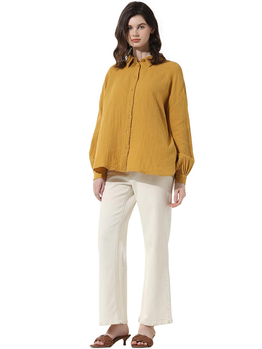 ONLY Women's Solid Oversized Fit Shirt (15334564-Harvest Gold_Harvest