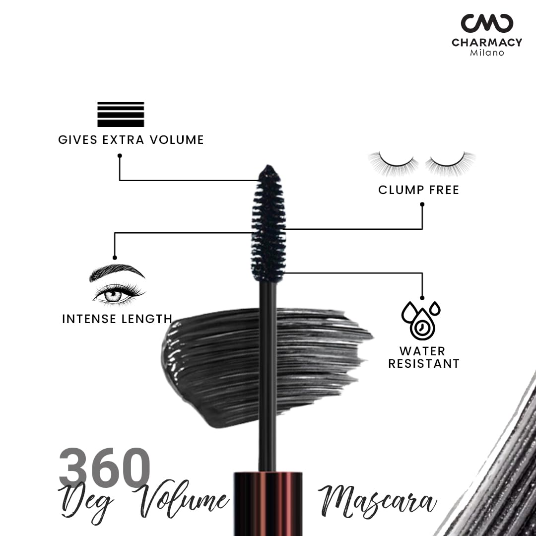 Charmacy Milano Eyeliner & Mascara Combo, CMC Duo Eyebrow Filler and Eyeliner Sketch (Dark Brunette) 0.6ml & CMC 360 Degree Volume Mascara Intense (Black) 8G, Waterproof, Smudge-proof