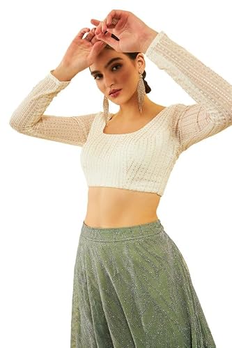Soch Womens Cream Georgette Sequinned Embellished Blouse with Tie-Ups