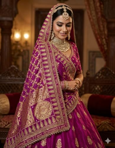 Navti Creations Wedding bridal Dupatta in banarasi silk with sada Saubhagyawati bhaw Embroidery border and 4 side moti lace (Pink (Rani))