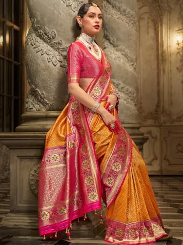 AKHILAM Women's Mustard Silk Blend Ethnic Motif Printed Saree With Unstitched Blouse (CHNDNA508_RW)